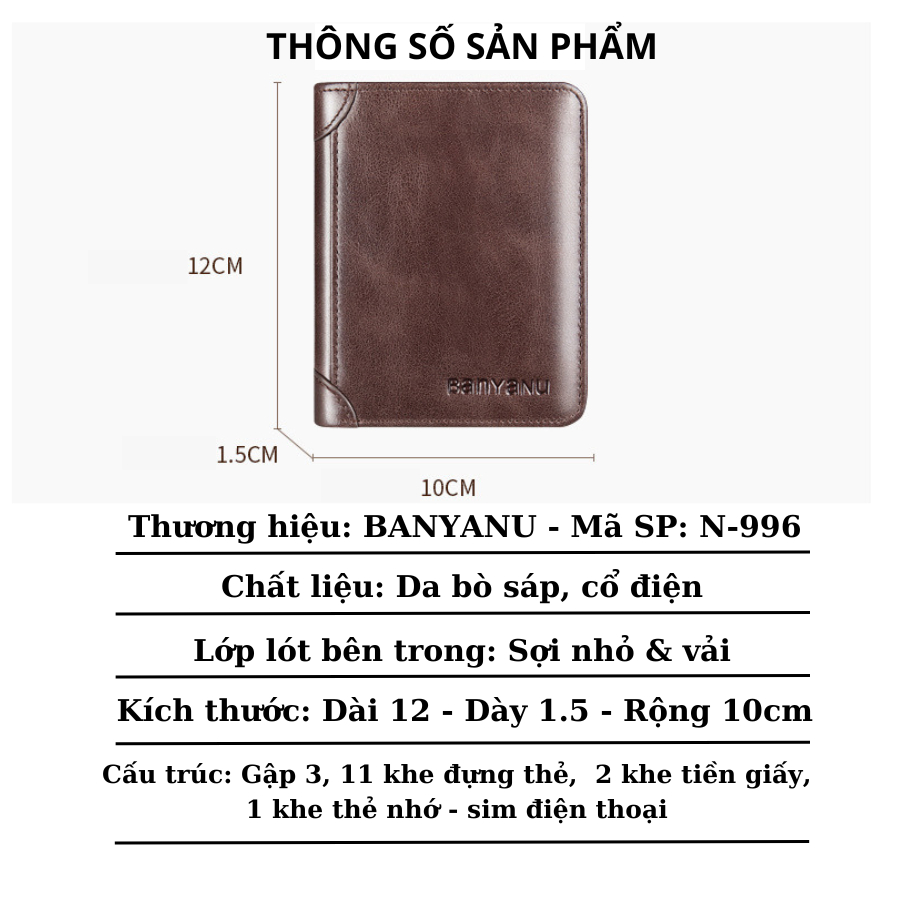 Ví nam da thật vÍ đứng bóp nam da bò ví tiền nam chính hãng DANTE - BANYANU nhiều màu có hộp làm quà tặng sang trọng