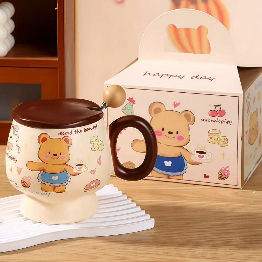 Quà tặng cốc sứ Ly sứ có nắp hình "Con gấu" 450ml có hộp quà thích hợp làm quà tặng có muỗng chất lượng cao cấp