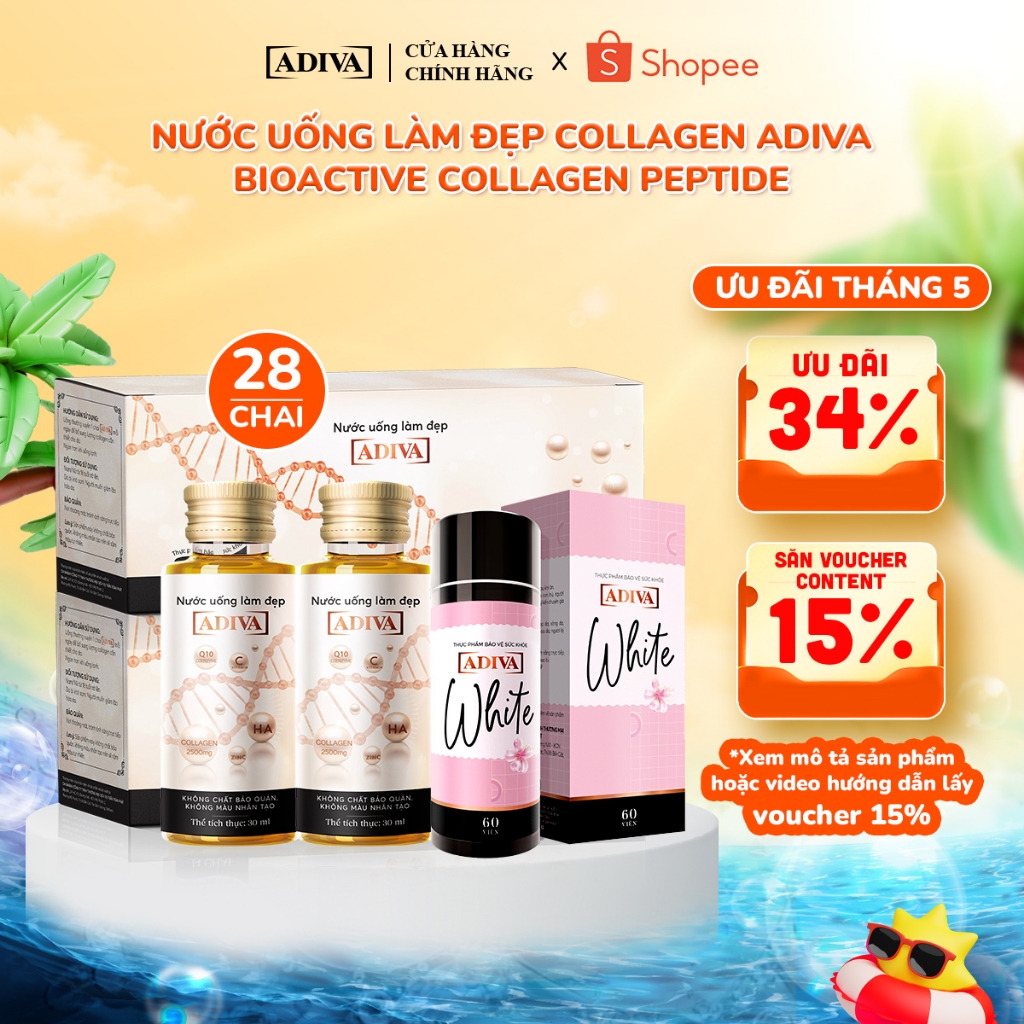 Ảnh Combo 2 Hộp Nước Uống Làm Đẹp Collagen ADIVA (28 Chai) + 1 Hộp Viên Uống Trắng Da ADIVA White 60 Viên 1