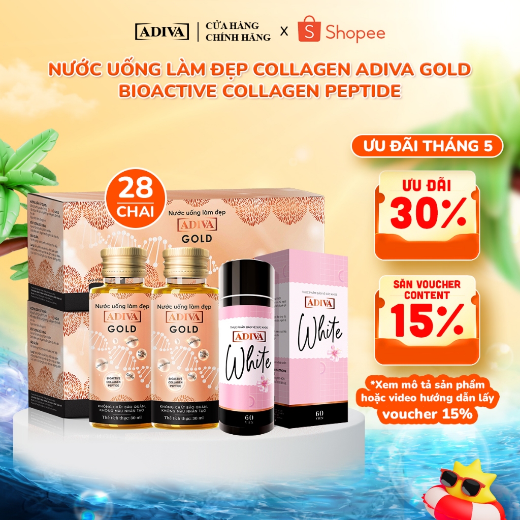 Ảnh Combo 2 Hộp Nước Uống Làm Đẹp Collagen ADIVA Gold (28 Chai) + 1 Hộp Viên Uống Trắng Da ADIVA White 60 Viên 1