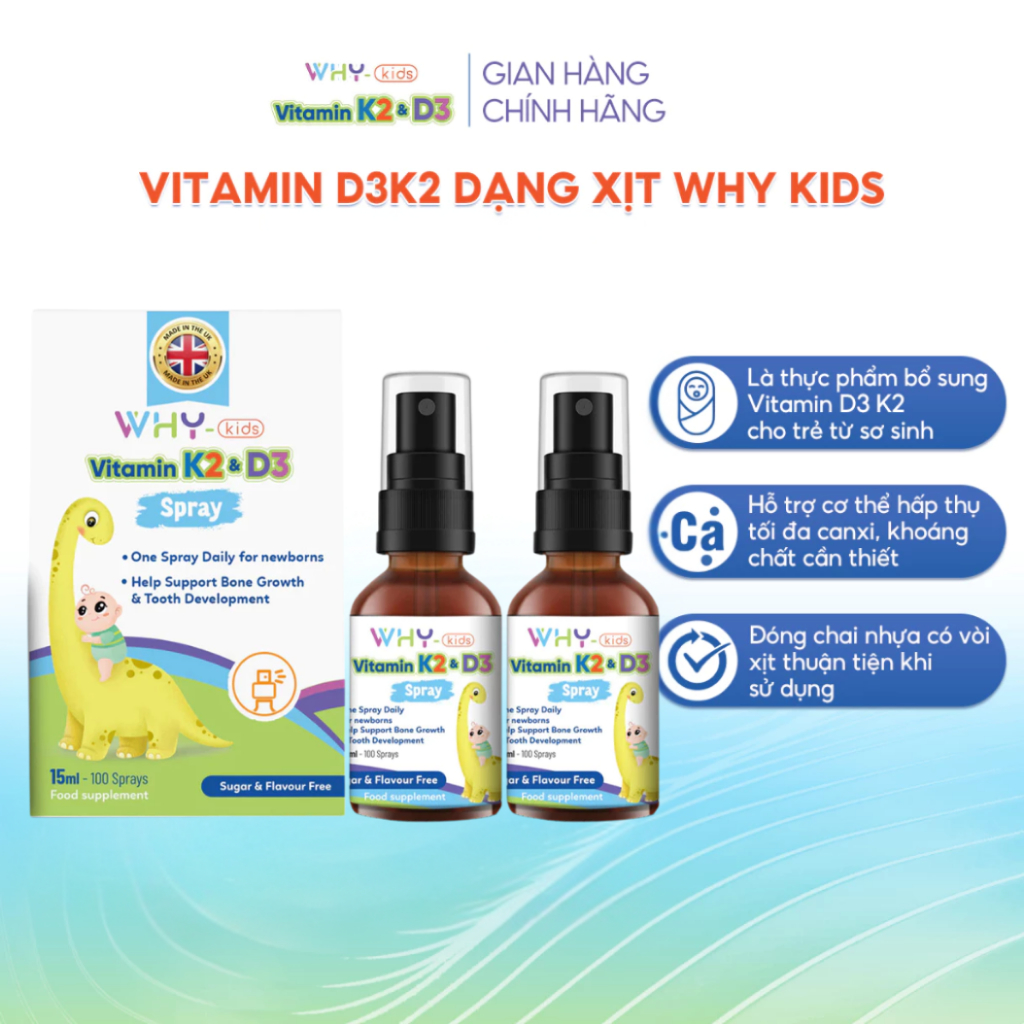Combo 2 Vitamin Whykids D3 và K2 Dạng Xịt Giúp Bé Hấp Thụ Canxi Hỗ Trợ Phát Triển Chiều Cao - Chai 15ml