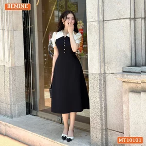 Đầm thiết kế BEMINE cổ V khoét vai đính cúc dáng chữ A phù hợp đi làm-MT10101