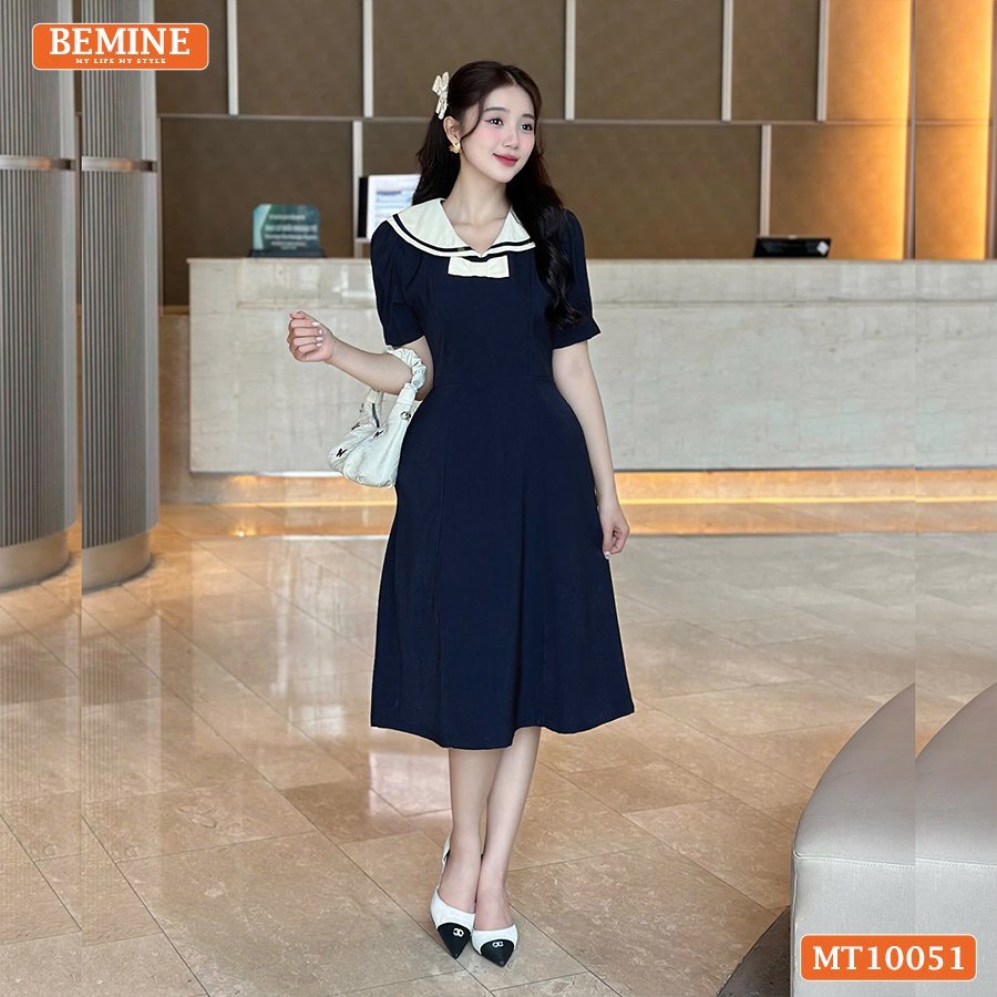 Ảnh Đầm thiết kế BEMINE cổ thủy thủ có viền đính nơ dáng chữ A phù hợp đi làm, đi chơi-MT10051 1