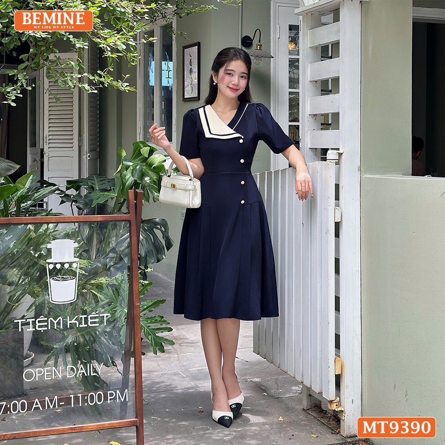 Ảnh Đầm thiết kế cổ kiểu đính nút dáng xếp ly BEMINE MT9390 1