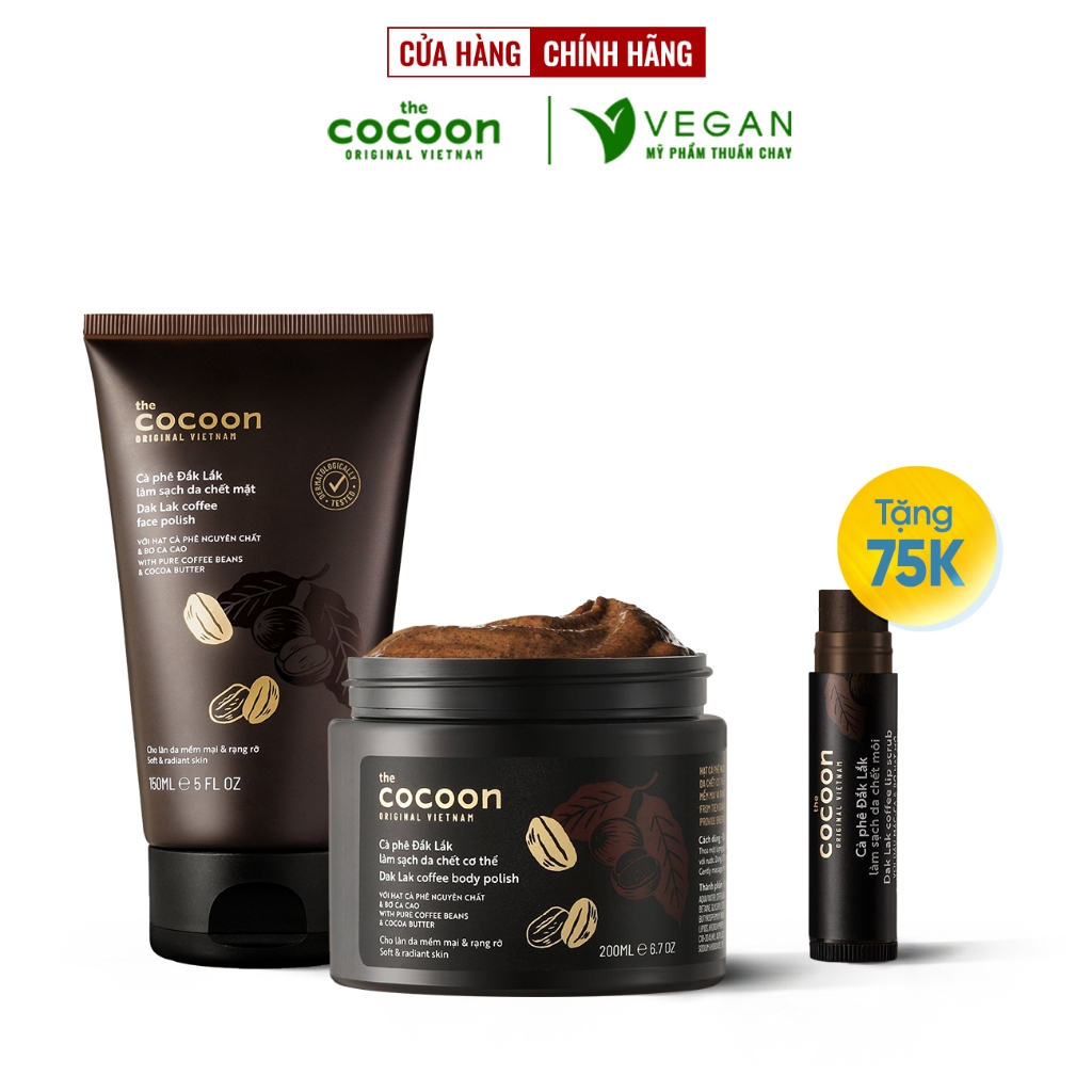 Ảnh Bộ 3 Cà phê Đắk Lắk tẩy da chết cocoon: Cơ thể 200ml + Da mặt 150ml + Son môi 5g 1