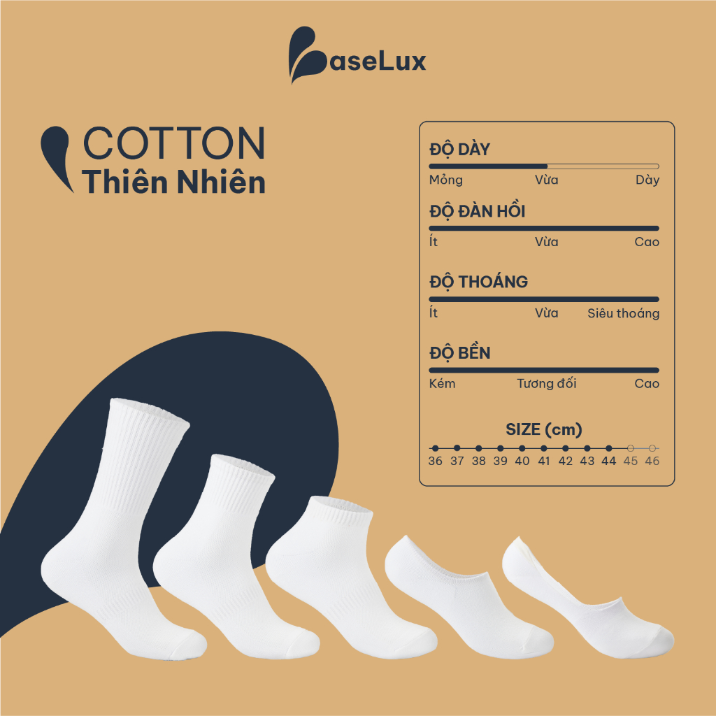 Tất trắng BaseLux Tất cotton mềm mịn Tất cổ cao kháng khuẩn Tất nam cổ ngắn basic dễ phối đồ Vớ trắng cổ cao Hàn Quốc
