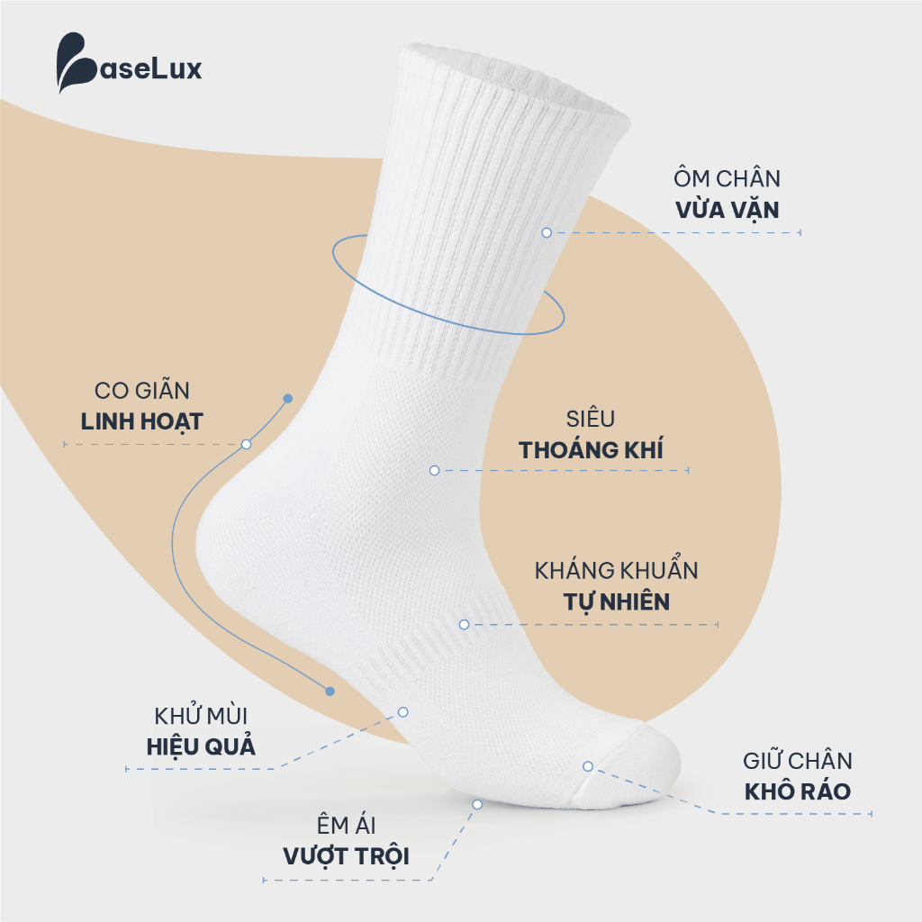 Tất trắng BaseLux Tất cotton mềm mịn Tất cổ cao kháng khuẩn Tất nam cổ ngắn basic dễ phối đồ Vớ trắng cổ cao Hàn Quốc