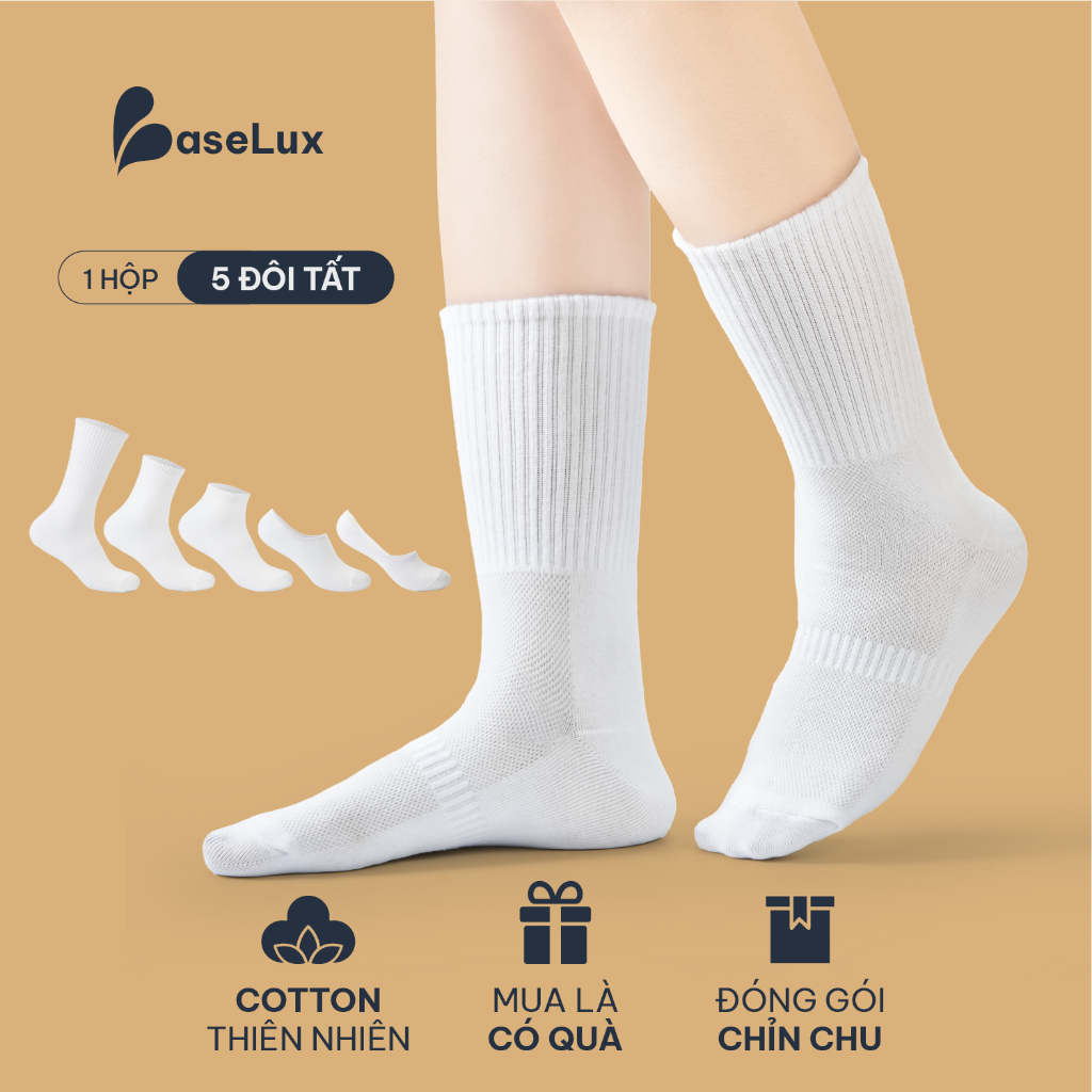 Tất trắng BaseLux Tất cotton mềm mịn Tất cổ cao kháng khuẩn Tất nam cổ ngắn basic dễ phối đồ Vớ trắng cổ cao Hàn Quốc