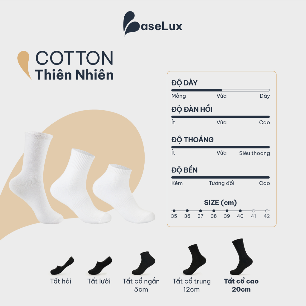 Tất cao cổ nữ BaseLux Tất cotton mềm mại Vớ chân nữ kháng khuẩn khử mùi Tất trắng nữ co giãn 4 chiều vớ nữ basic vintage