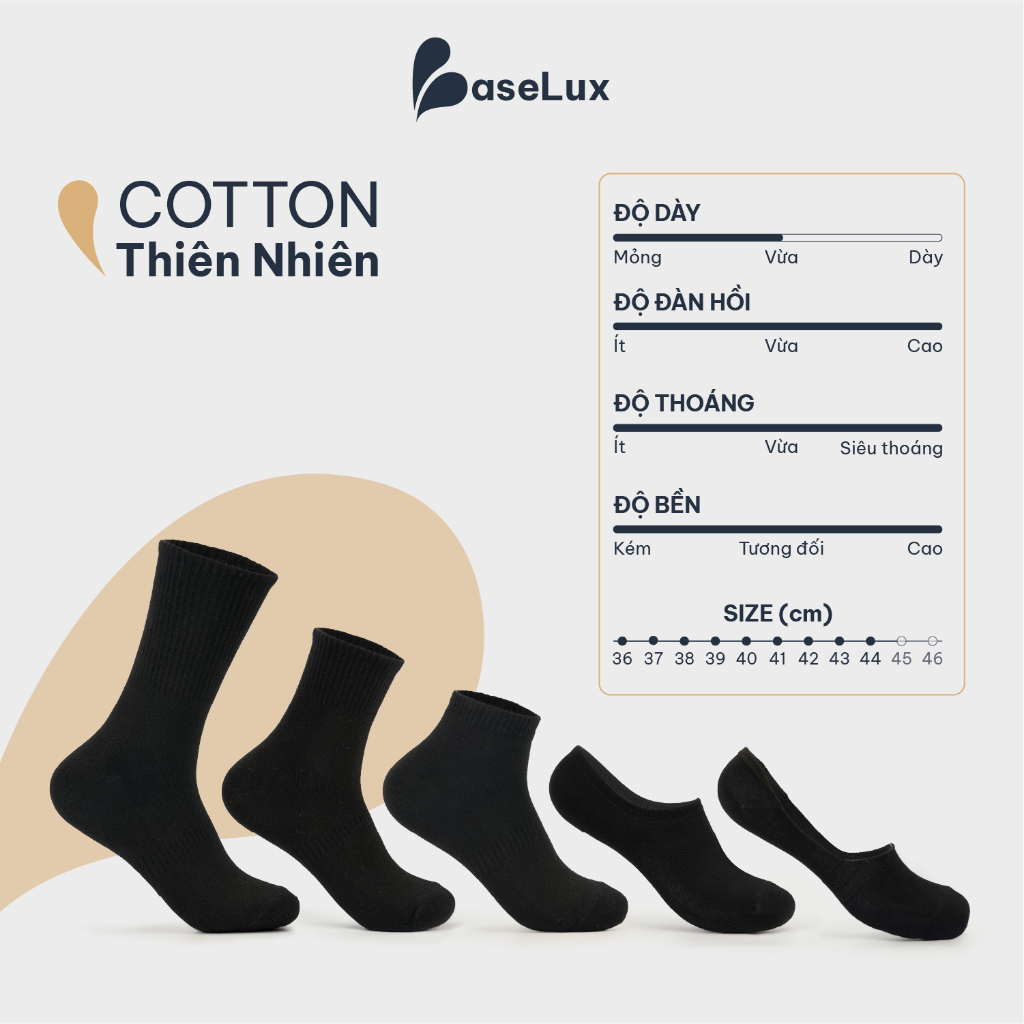 Tất đen BaseLux Tất cotton mềm mại Tất cổ ngắn kháng khuẩn chống hôi chân Tất đen dài co giãn Vớ nam basic dễ phối đồ