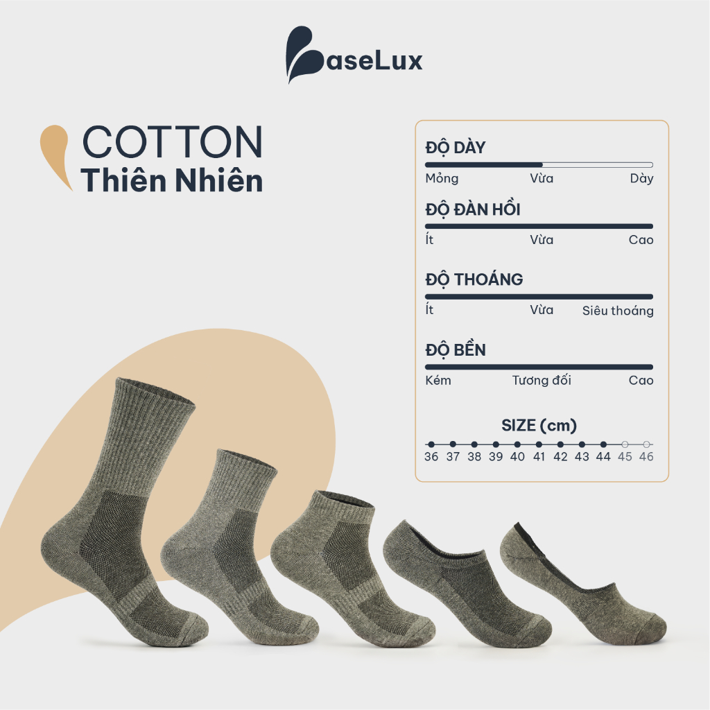 Tất cao cổ BaseLux Tất cotton thoáng mát Tất nam cổ ngắn kháng khuẩn khử mùi Tất lười nam mềm mại Tất nam cổ trung basic