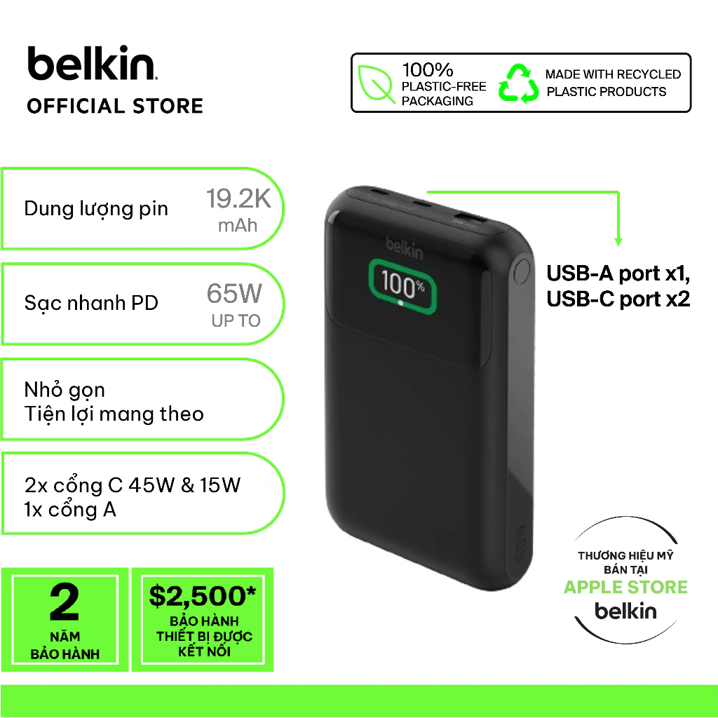 Ảnh Pin sạc dự phòng Belkin Polymer Pocket Power 20,000 mAh, sạc nhanh 65w PD màn hình hiển thị pin 1