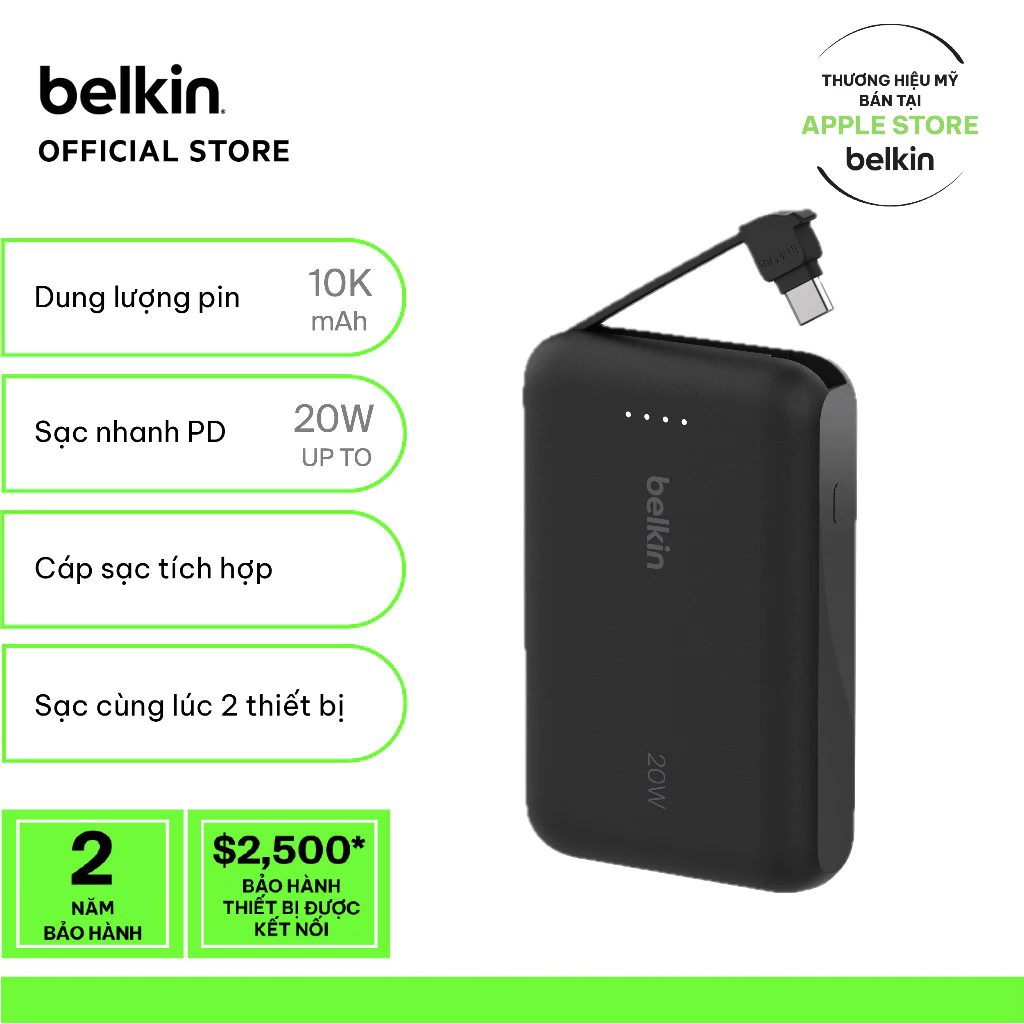 Pin sạc dự phòng Belkin Boost Charge dung lượng 10.000 mAh, sạc nhanh 20W PD kèm cáp USB-C bảo hành 2 năm | BigBuy360 - bigbuy360.vn