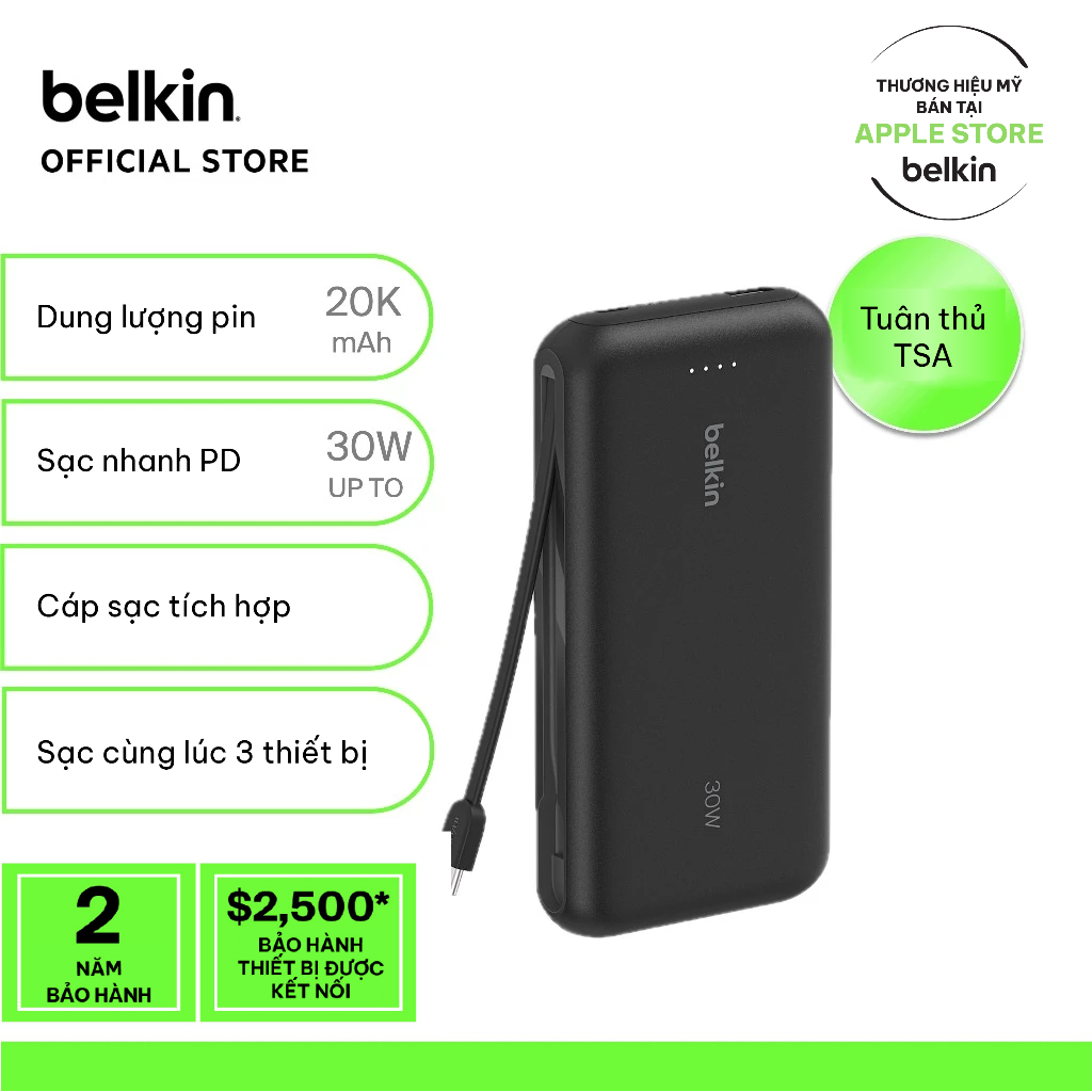 Ảnh Pin sạc dự phòng Belkin Boost Charge 20.000 mAh, hỗ trợ sạc nhanh 30W PD, có dây sạc đầu USB-C 1