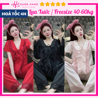 Đồ ngủ nữ 40-60kg, pijama dài tay ngắn nhún bèo viền ren nơ lụa xước mềm mát 60DD06, đồ bộ nữ đồ mặc nhà tiểu thư trơn