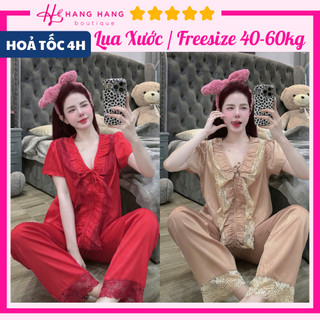 Đồ ngủ nữ 40-60kg, pijama dài tay ngắn nhún bèo viền ren nơ lụa xước mềm mát 60DD06, đồ bộ nữ đồ mặc nhà tiểu thư trơn