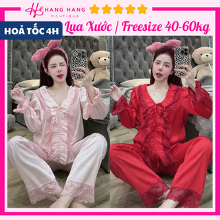 Đồ ngủ nữ 40-60kg, pijama dài tay ngắn nhún bèo viền ren nơ lụa xước mềm mát 60DD06, đồ bộ nữ đồ mặc nhà tiểu thư trơn