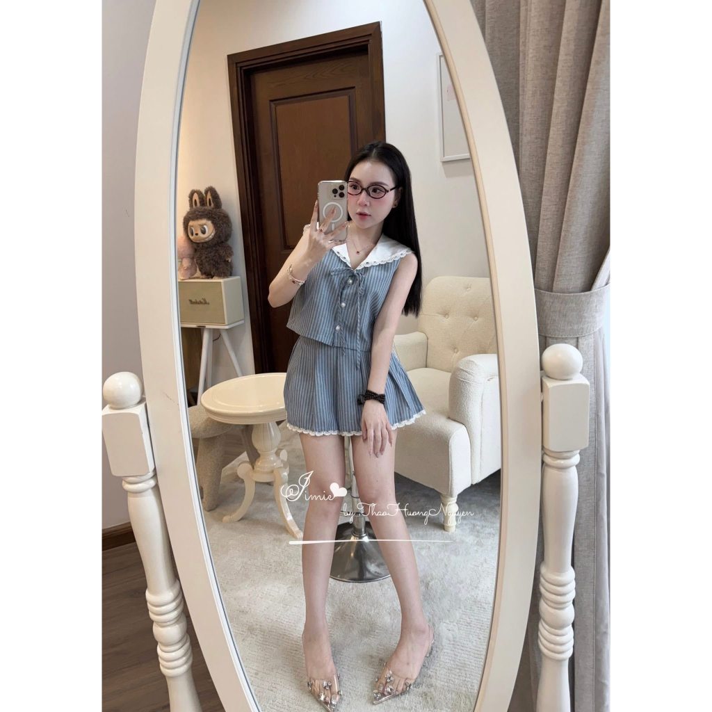 set đồ nữ, đồ bộ nữ Hàn Quốc siêu xinh áo cổ sen cúc ngọc sát nách kèm chấn váy Donna hcom26065