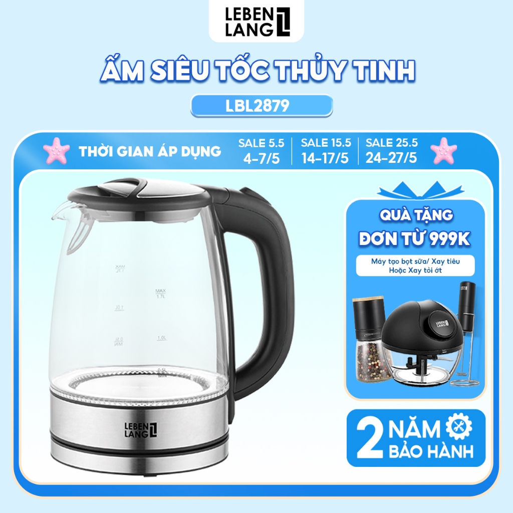 Ảnh Ấm siêu tốc bình siêu tốc thủy tinh LEBENLANG LBL2879 1.7 lít, công suất 2200W, bảo hành trong 2 năm 1