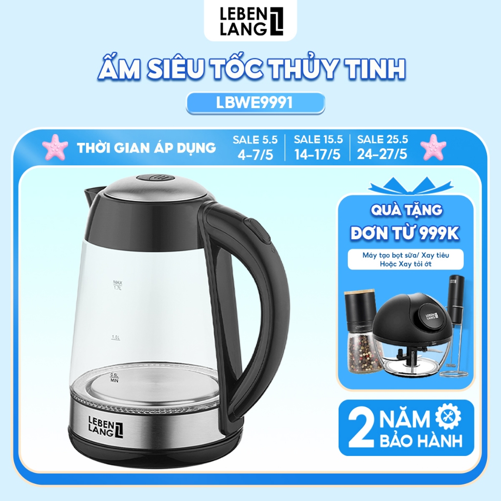 Ảnh Ấm siêu tốc bình siêu tốc thủy tinh LEBENLANG LBWE9991, 1.7 lít, 2200W, bảo hành 2 năm - chính hãng. 1