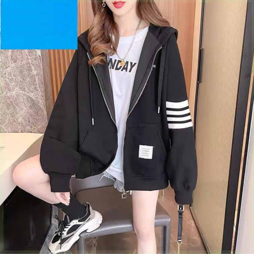 Áo hoodie viền tay Nam Nữ bomber khóa kéo chất nỉ in chữ Thom kẻ 2 tay chuẩn Hàn Quốc - K1