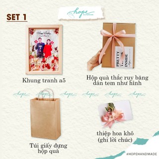 Set hộp quà khung ảnh hoa khô handmade tặng bạn cô dâu chú rể dịp đám cưới, mẫu pastel đỏ