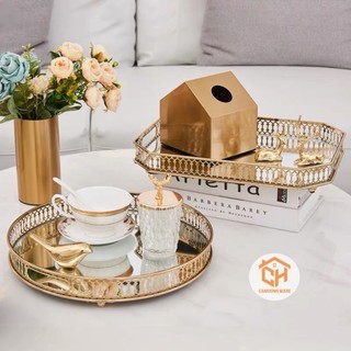 Khay Pha Lê Tráng Gương Chữ Nhật Viền Mạ Vàng Đựng Mỹ Phẩm Decor Trang Trí Cam Homeware