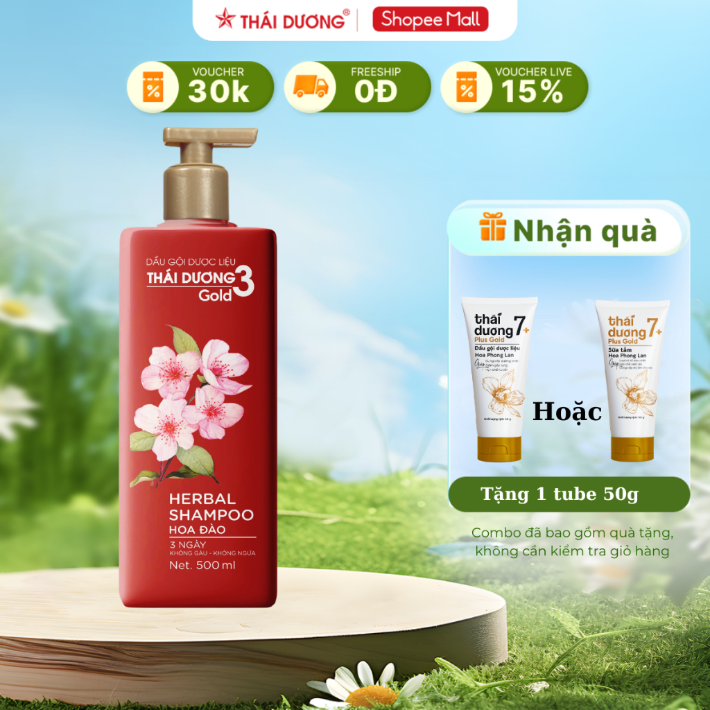 Ảnh Dầu gội Thái Dương 3 Gold Hoa Đào 500ml / Dầu xả 333ml tặng sữa tắm Thái Dương 7 Plus Gold 50g 1