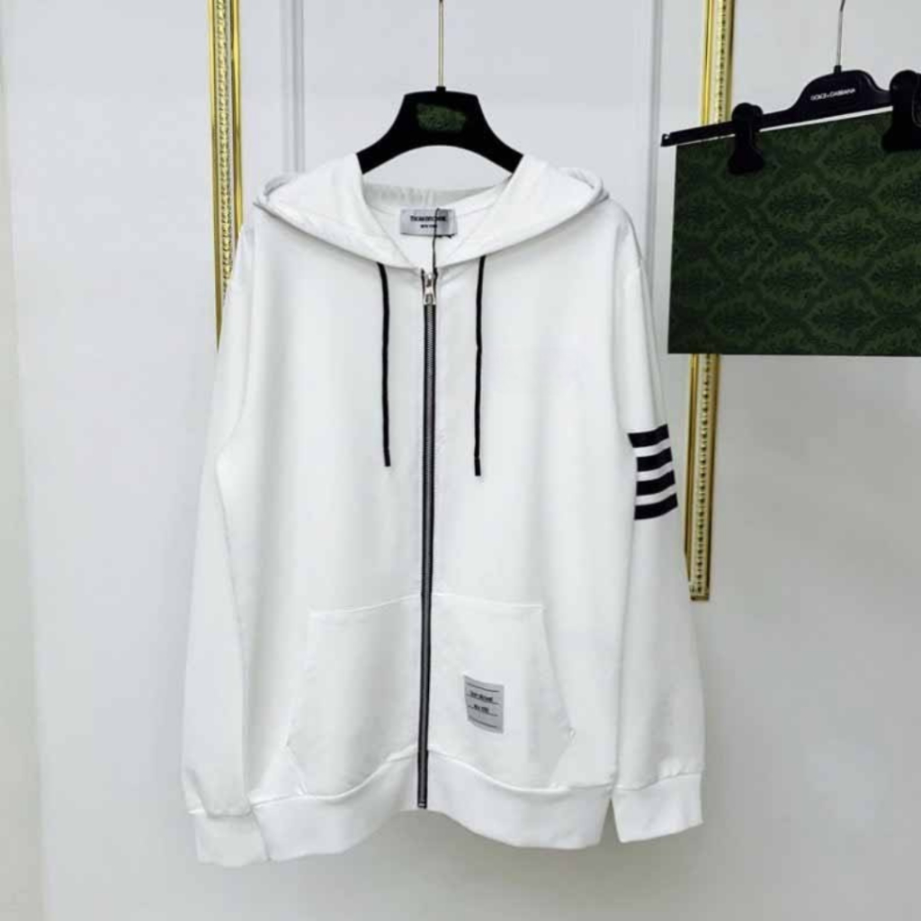 Áo hoodie viền tay Nam Nữ bomber khóa kéo chất nỉ in chữ Thom kẻ 2 tay chuẩn Hàn Quốc - K1