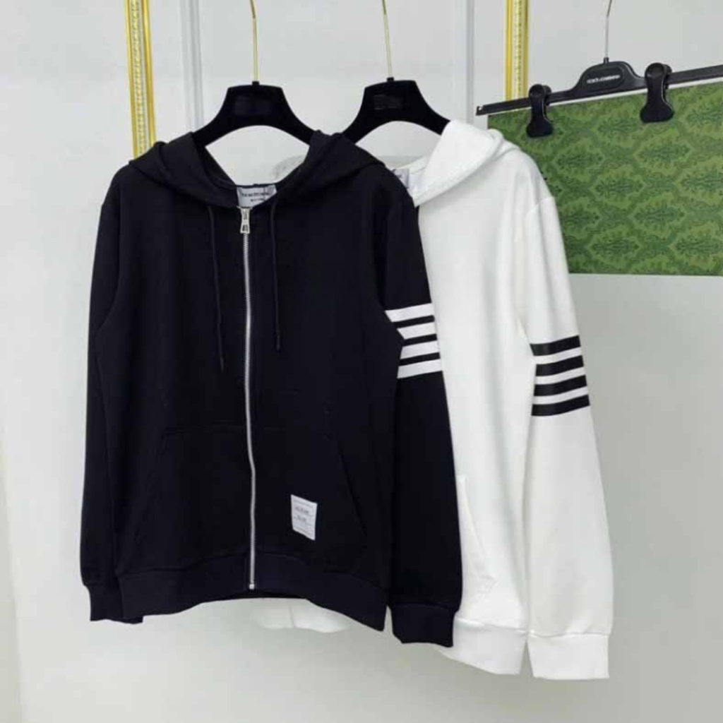 Áo hoodie viền tay Nam Nữ bomber khóa kéo chất nỉ in chữ Thom kẻ 2 tay chuẩn Hàn Quốc - K1