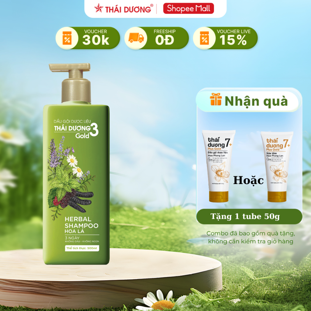 Ảnh Mua 1 Dầu gội Thái Dương 3 Hoa Lá Gold chai 500ml tặng tube 7 Plus Gold 50g 1