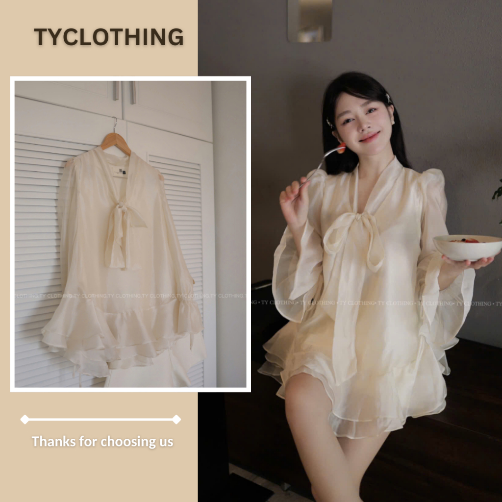 Set Voan Tơ Dây Thắt Bánh Bèo Kèm Quần Trong Có Dây Kéo - Hàng Thiết Kế - Màu Kem và Màu Đỏ - TYCLOTHING