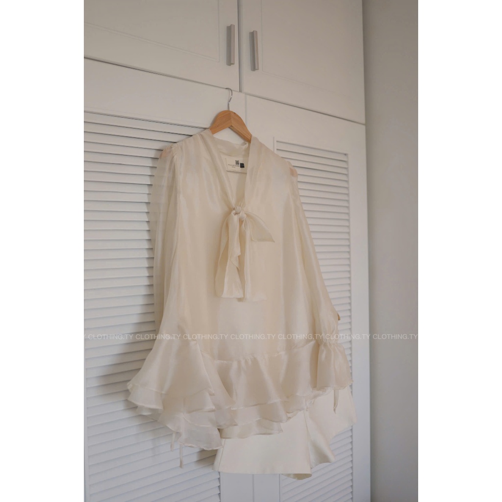 Set Voan Tơ Dây Thắt Bánh Bèo Kèm Quần Trong Có Dây Kéo - Hàng Thiết Kế - Màu Kem và Màu Đỏ - TYCLOTHING
