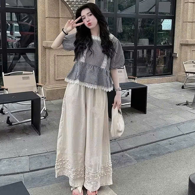 QC_Set đồ nữ, đồ babydoll, set quần dài Mango ống rộng phối áo babydoll  caro chạy viền Ren | Shopee Việt Nam