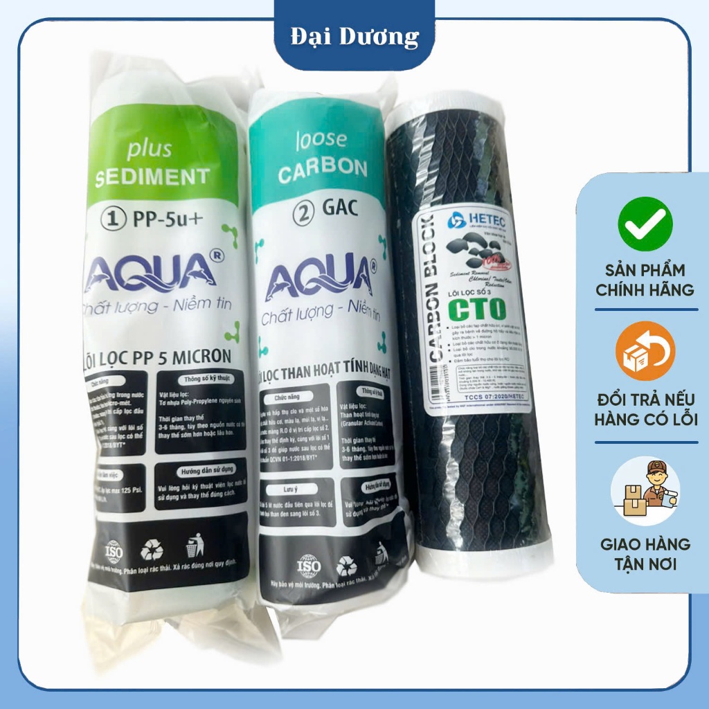 Bộ lõi lọc 1 2 3 Aqua chính hãng bọc giấy dùng cho máy lọc nước RO gia đình