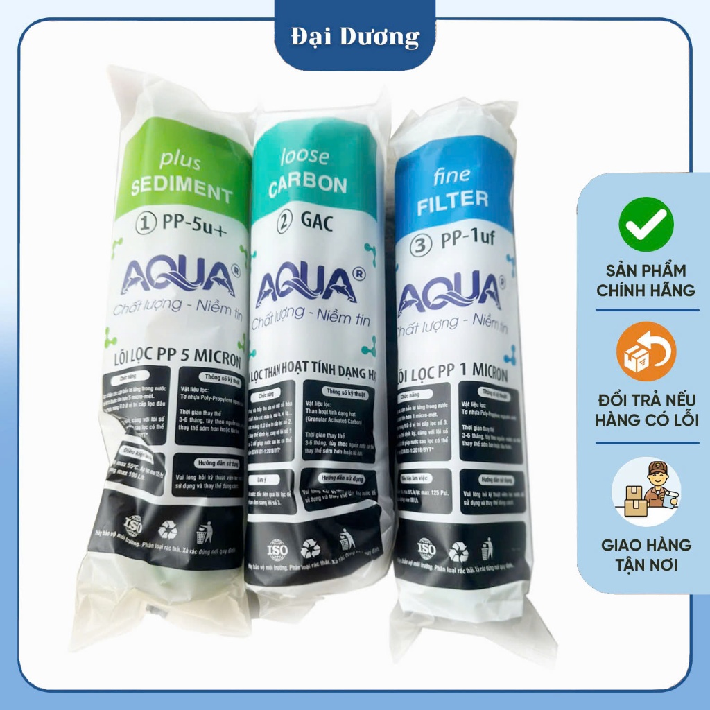 Bộ lõi lọc 1 2 3 Aqua chính hãng bọc giấy dùng cho máy lọc nước RO gia đình