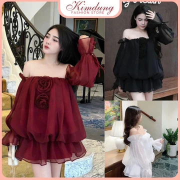 Váy trễ vai sang chảnh,váy trễ vai tay dài phối hoa trước ngực dáng bồng bềnh tiểu thư siêu xinh