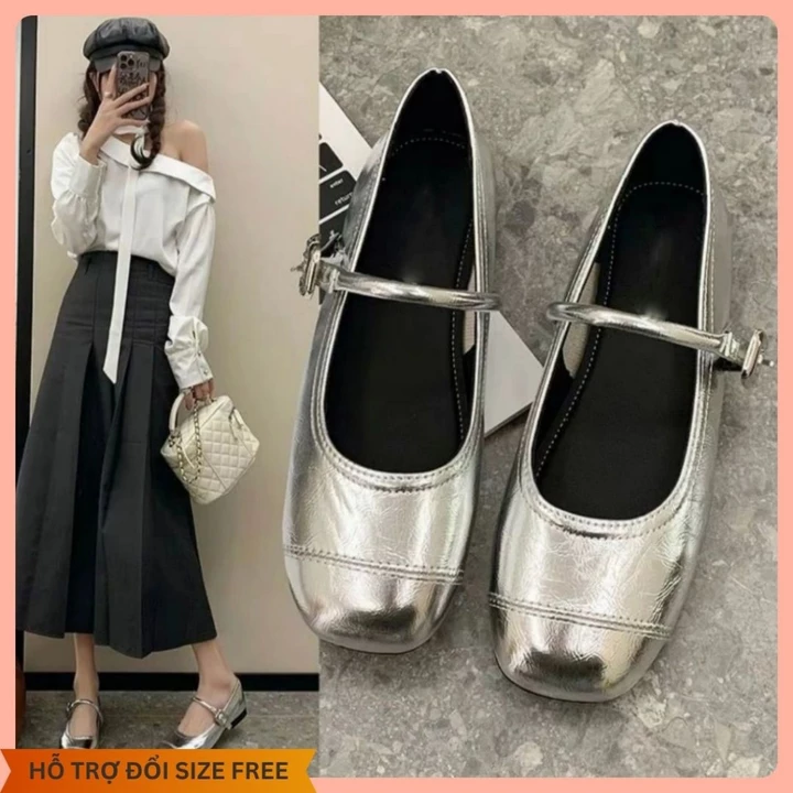 Giày Búp Bê Nữ Mary Jane Mũi Vuông Có Quai Cài, Giày Búp Bê Đế Bệt Da Basic Vintage Dành Cho Chị Em | N03