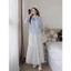 QC_Set váy dài, đồ nữ đi biển, set áo sơ mi trơn cổ bẻ tay dài Lụa chéo phối chân váy Ren dài có lót