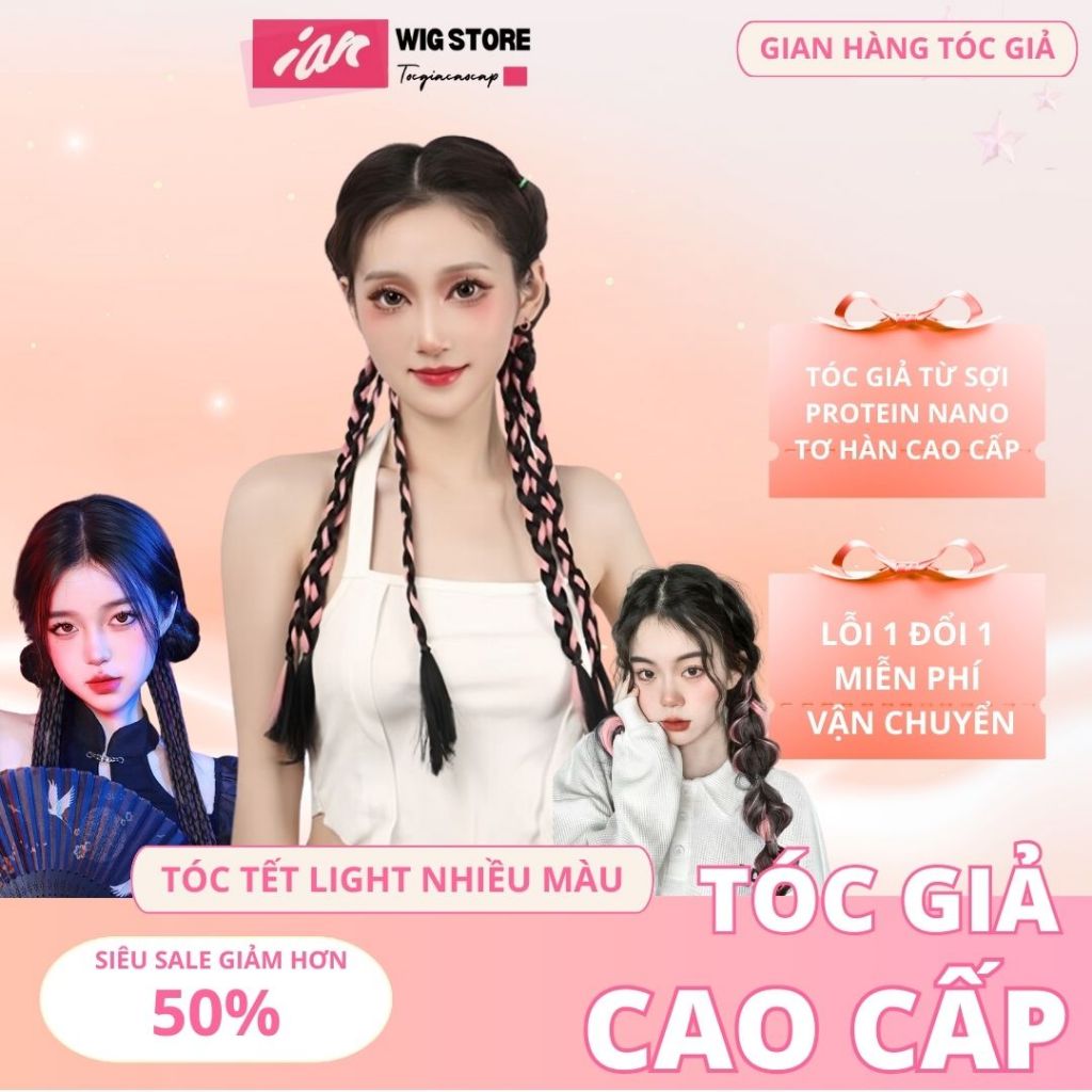 Giá 2 Bên,Tóc Giả Thắt Bím,Tết Tạo Kiểu, Buộc Tóc Giả Tết Light Dễ Thương