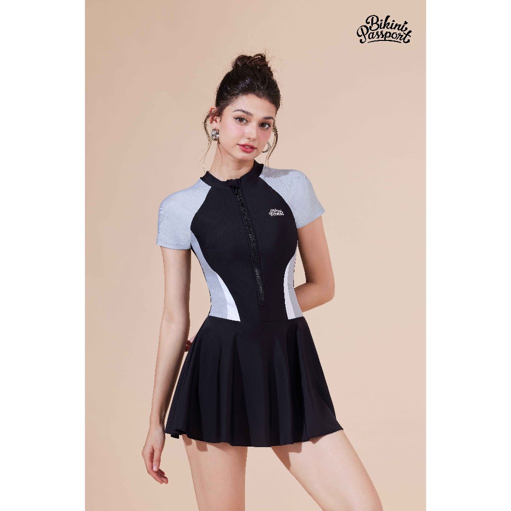 Ảnh Đồ bơi nữ BIKINI PASSPORT dạng váy tay ngắn có khóa & logo - màu Đen - BS1008_BL 1