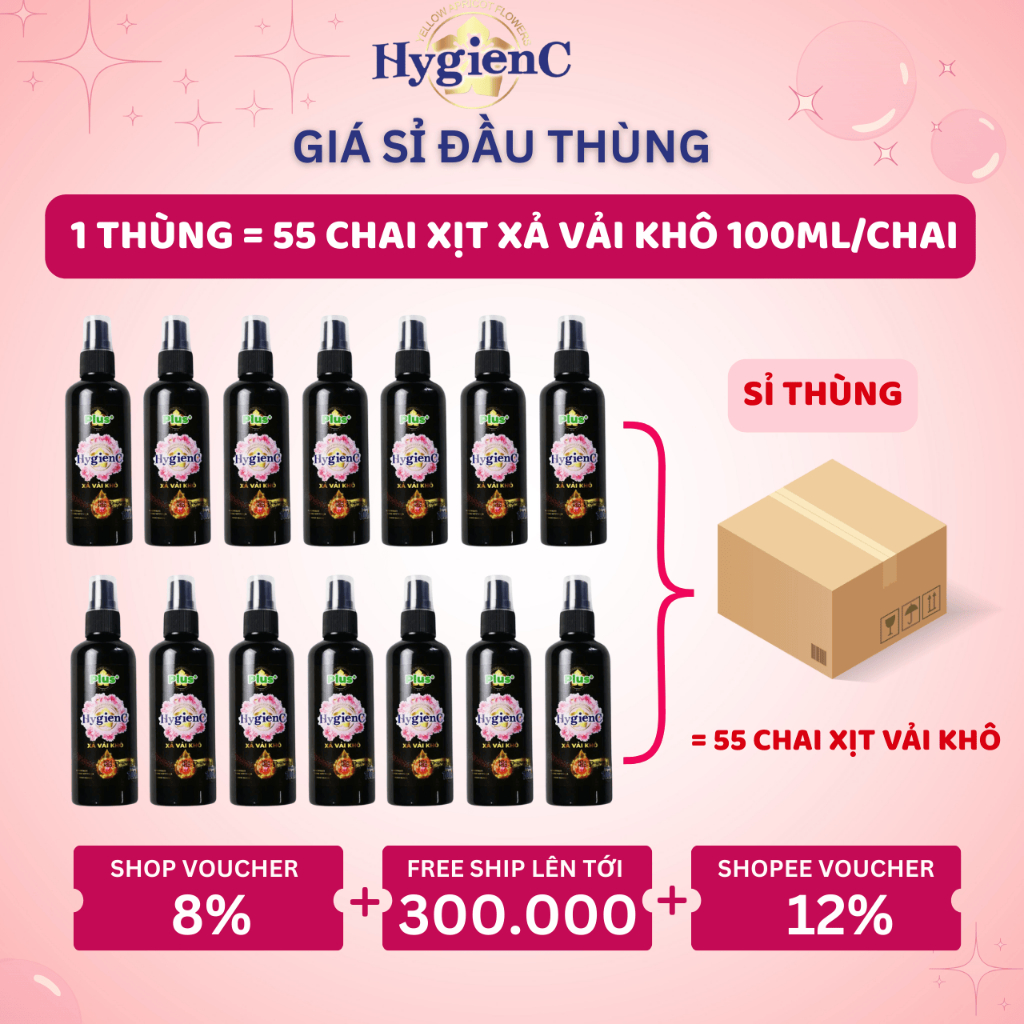 Ảnh Thùng 55 Chai Xịt Xả Vải HygienC Plus 100ml/Chai - Xịt Thơm Quần Áo Lưu Hương Tới 24H 1