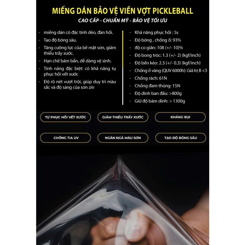 Miếng Dán viền vợt pickleball Full Viền trong suốt 16mm 14mm loại1 nhập khẩu USA siêu dai siêu bền
