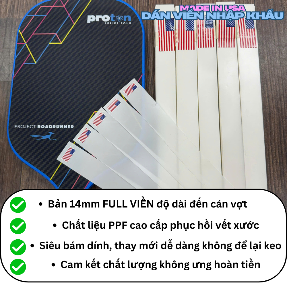 Miếng Dán viền vợt pickleball Full Viền trong suốt 16mm 14mm loại1 nhập khẩu USA siêu dai siêu bền