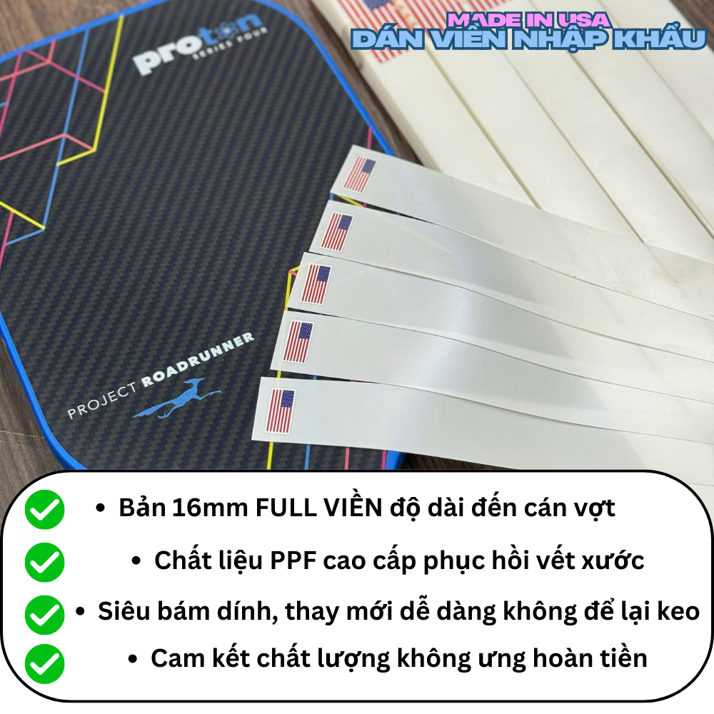 Miếng Dán viền vợt pickleball Full Viền trong suốt 16mm 14mm loại1 nhập khẩu USA siêu dai siêu bền