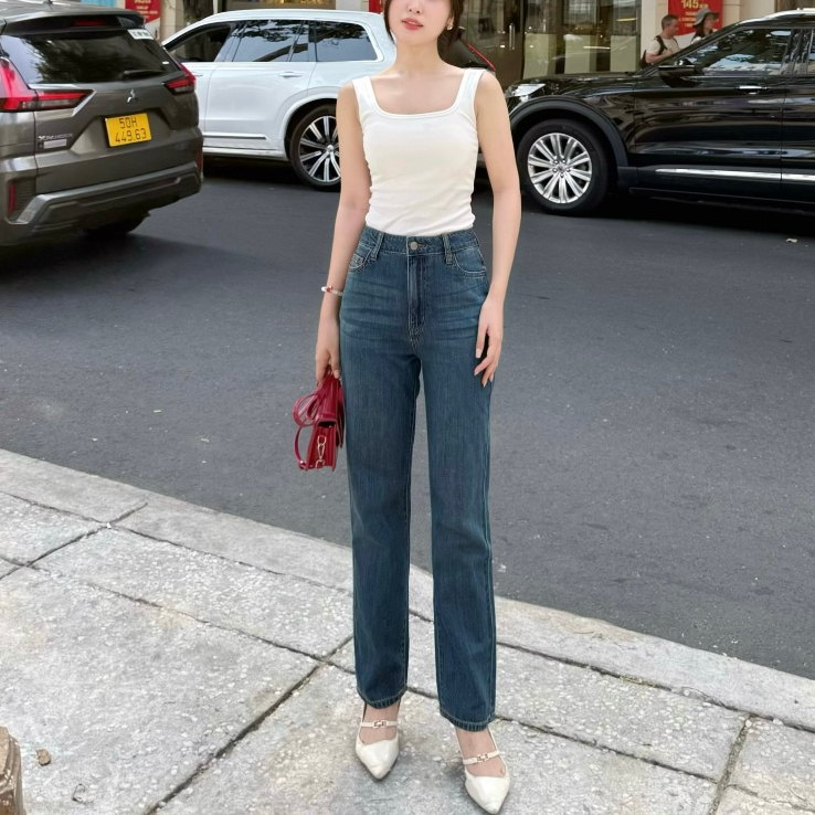 Quần Jeans Nữ REDE B-03E Ống Đứng Lưng Cao, Màu Trầm Ánh Rêu Wash Thanh Lịch, Sáng Da