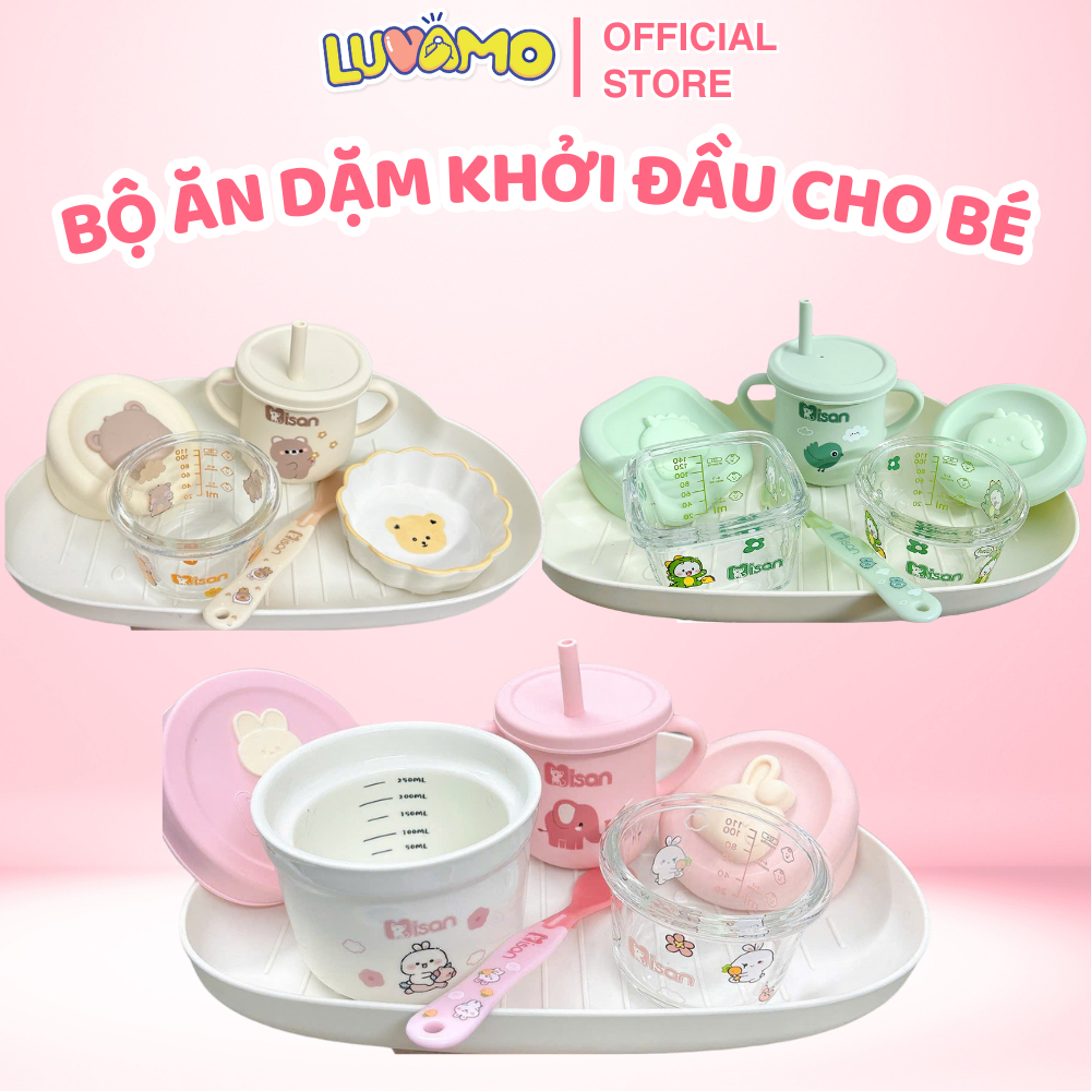 Bộ bát ăn dặm cho bé khởi đầu cốc tập hút, bát sứ, thìa an toàn tiện dụng Luvamo
