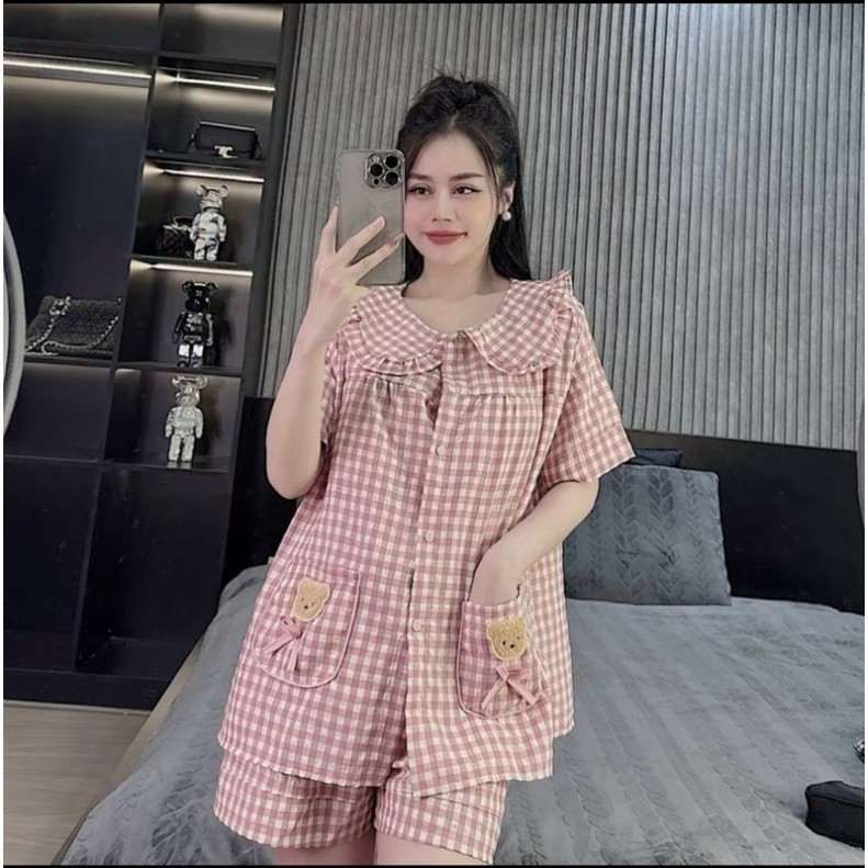 Bộ Ngủ Hè Nữ Kẻ Caro Cổ Sen 2 Túi Gấu Dày Tay, Bộ Pijama Chất Đũi Mềm Mát Dễ Thương Siêu Xinh