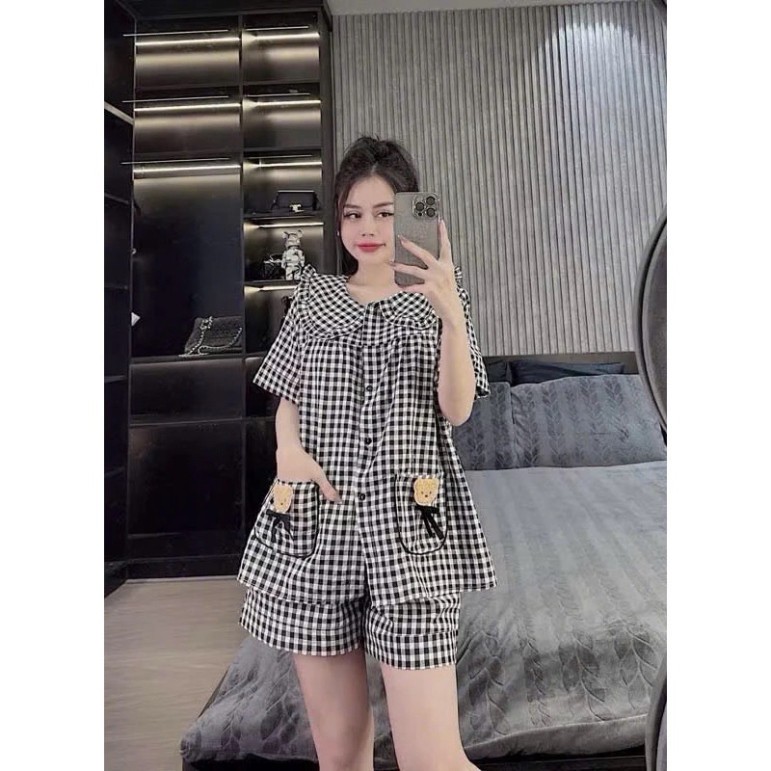 Bộ Ngủ Hè Nữ Kẻ Caro Cổ Sen 2 Túi Gấu Dày Tay, Bộ Pijama Chất Đũi Mềm Mát Dễ Thương Siêu Xinh