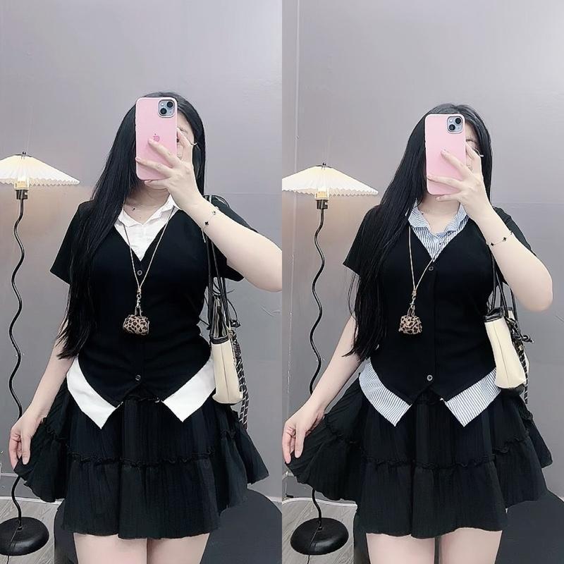 Set Sơ Mi Kiểu Bigsize Nữ 60–90kg “Nàng Thơ” & Chân Váy Xòe Bigsize Xinh Xắn – SET SM185-CV409